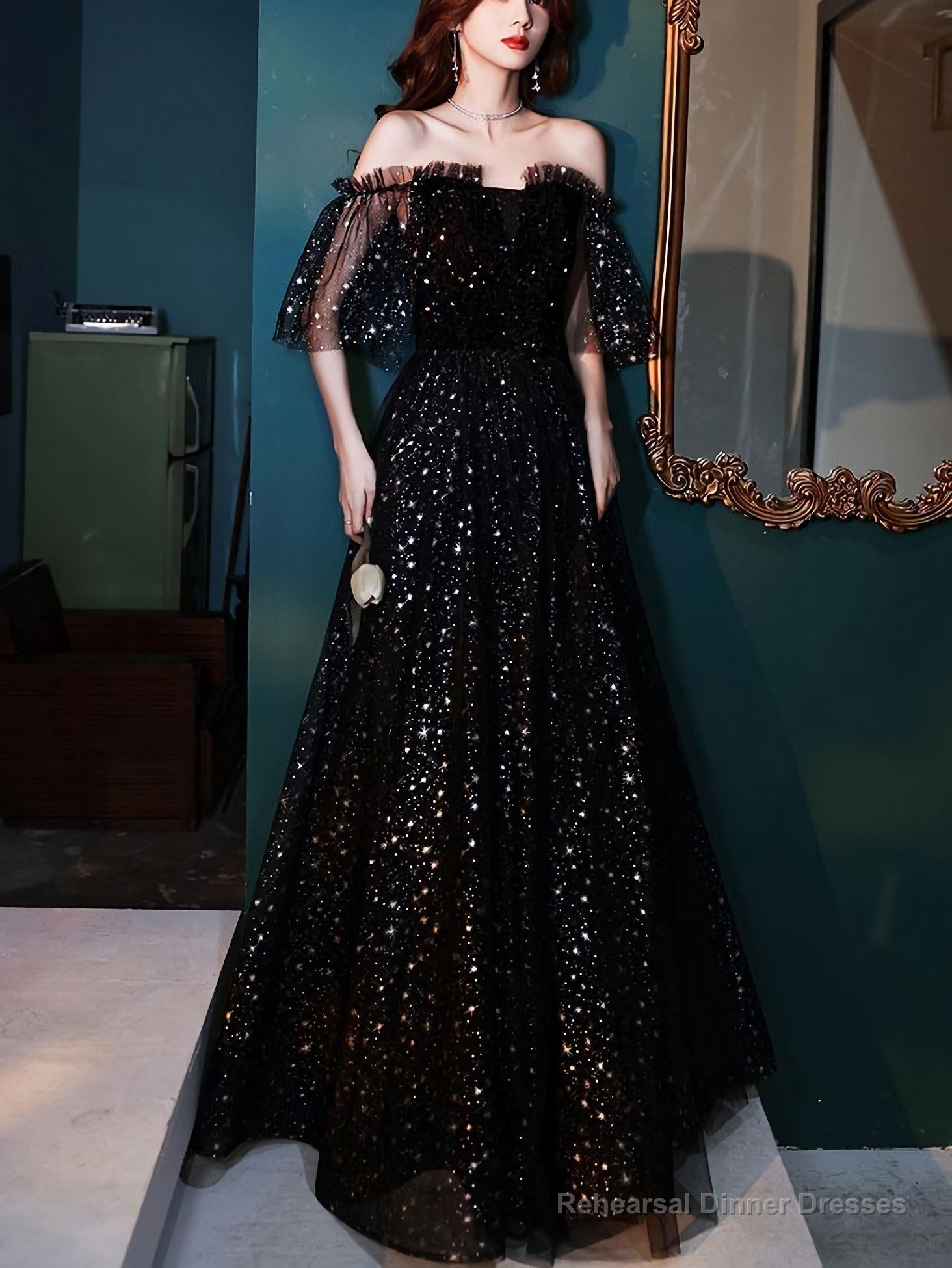 Black Tulle Off Shoulder Tulle Long Prom Dress, Black Evening Dress