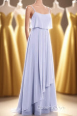 Lavender Chiffon Spaghetti Straps Ruffled A-Line Long Dress