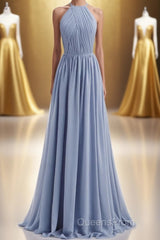 Misty Blue Scoop Chiffon A-line Long Bridesmaid Dress
