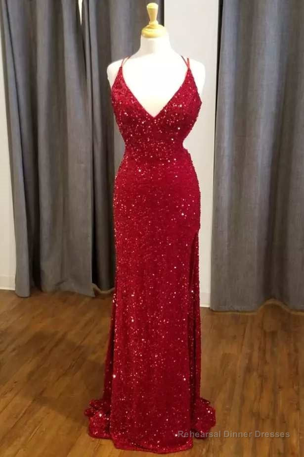 Red Sequin V-Neck Mermaid Long Formal Dress Main image