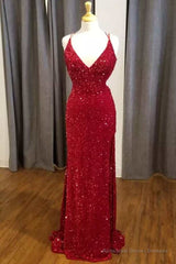 Red Sequin V-Neck Mermaid Long Formal Dress
