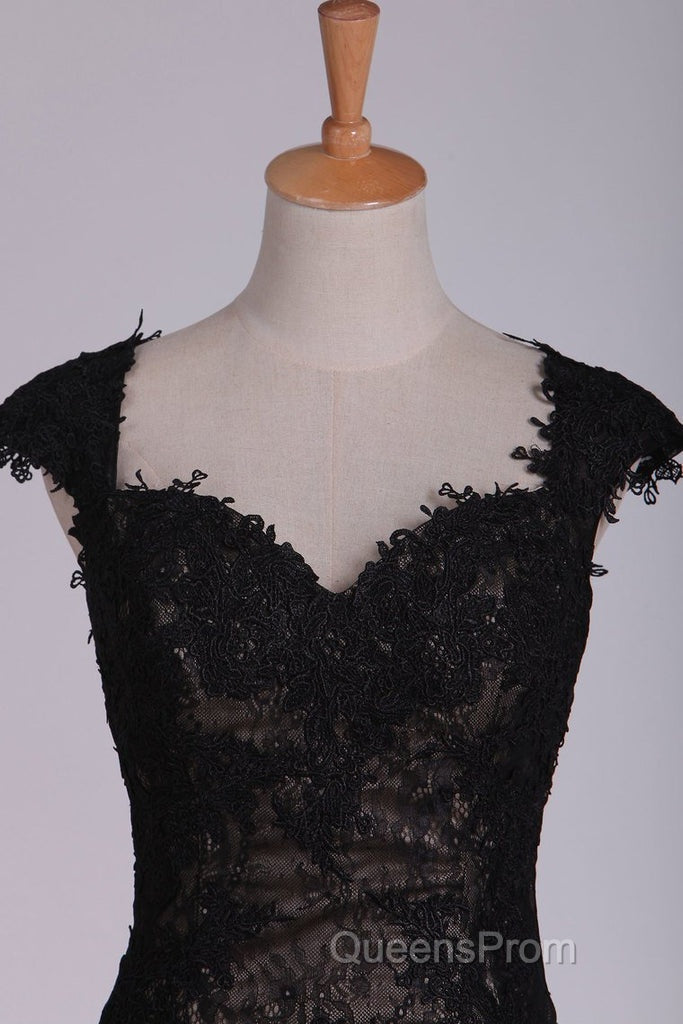 Black Off The Shoulder Sheath Evening Prom Dress Lace&Tulle Floor Length With Applique & Slit