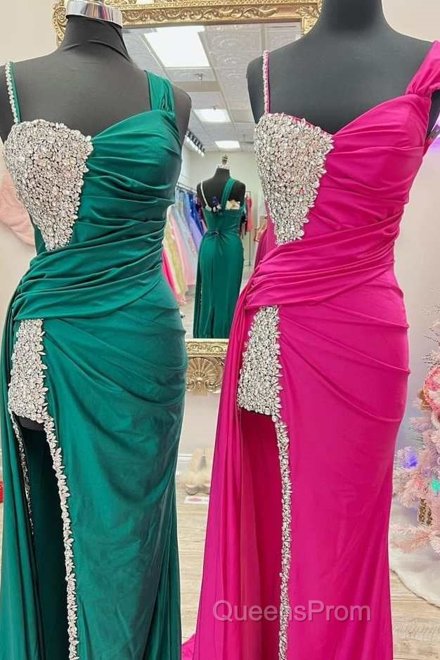 Asymmetrical Magenta Beaded Long Formal Dress with Attached Train