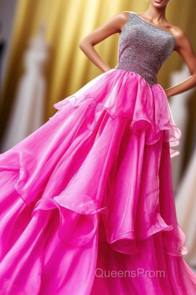 Hot Pink Beaded Top One Shoulder Layers Long Evening Prom Dress Main image