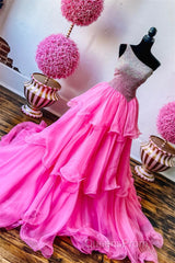 Hot Pink Beaded Top One Shoulder Layers Long Evening Prom Dress