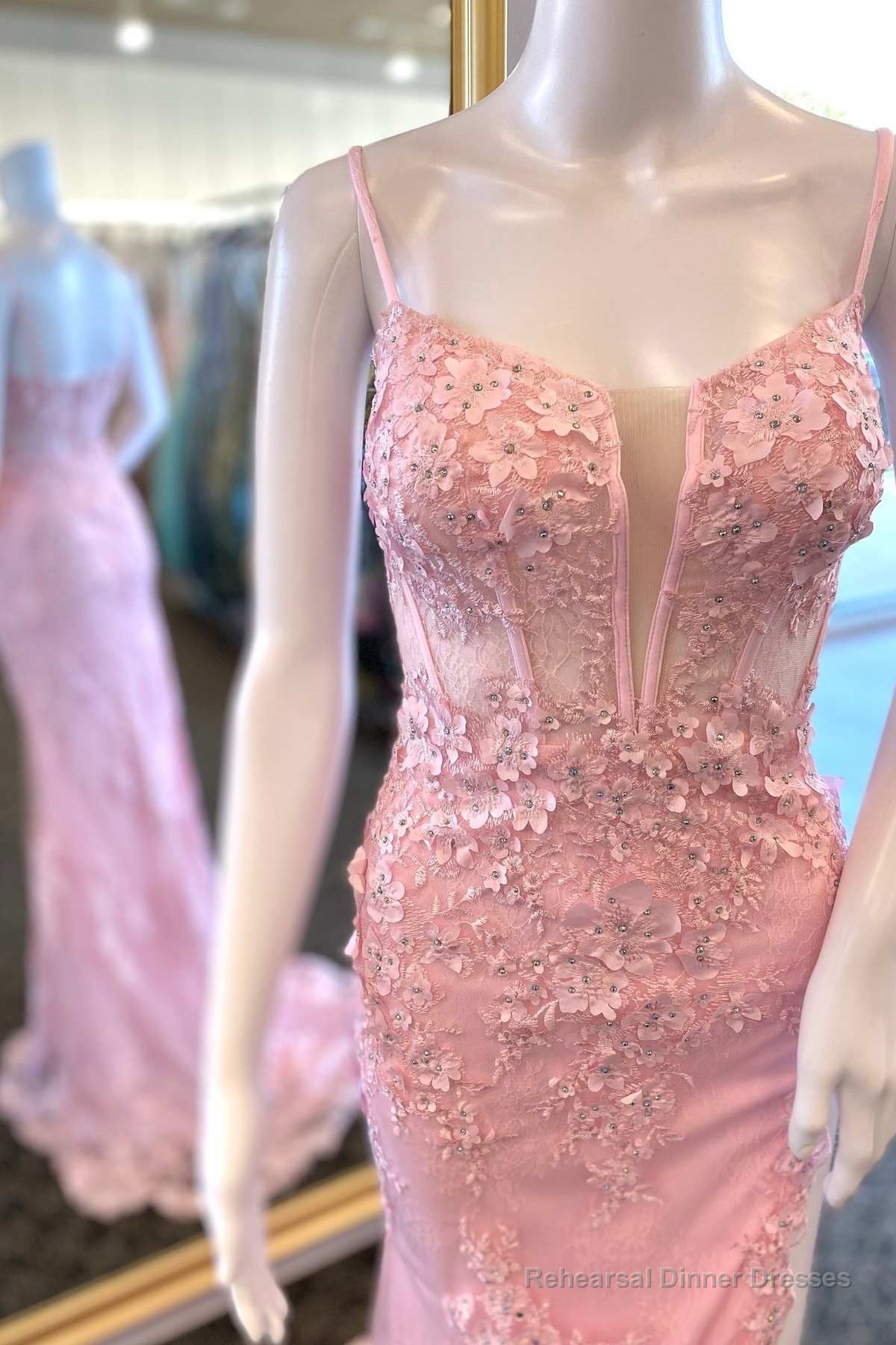 Pink Floral Lace Straps Mermaid Long Formal Dress Main image