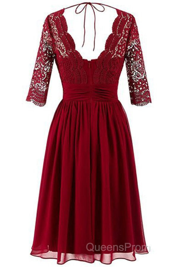 Burgundy A Line Knee Length V Neck 1/2 Sleeve Hollow Bridesmaid Dress