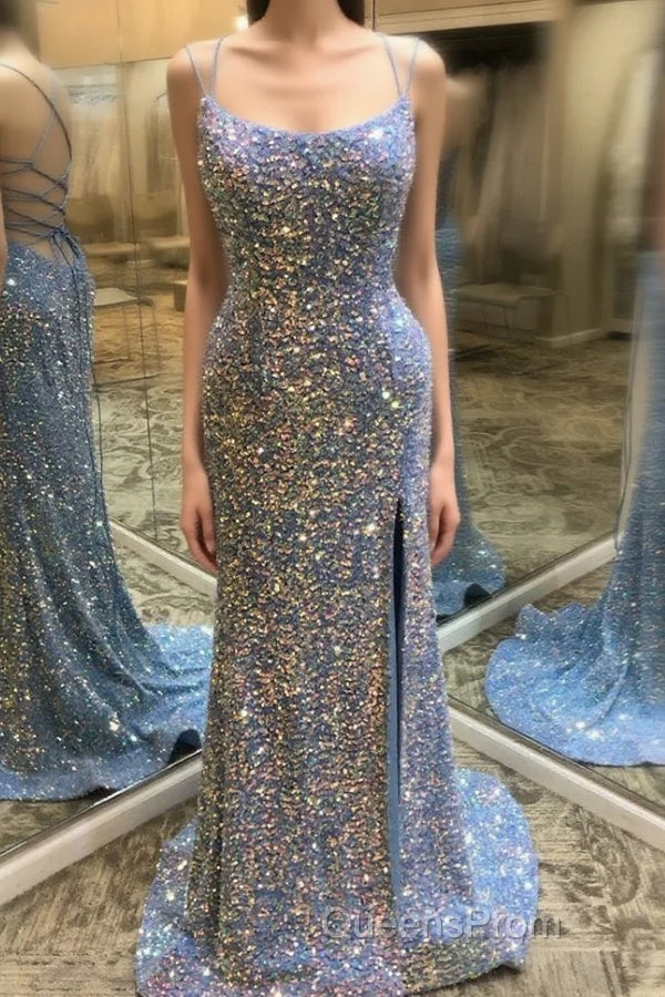 Double Straps Lace-Up Sequins Long Evening Prom Dress with Slit Main image