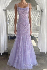 Lilac Spaghetti Straps Long Lace Tulle Evening Dress Mermaid Appliques Evening Prom Dress