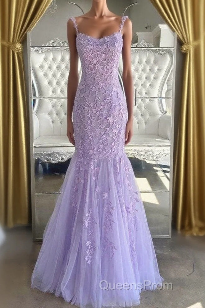 Lilac Spaghetti Straps Long Lace Tulle Evening Dress Mermaid Appliques Evening Prom Dress Main image
