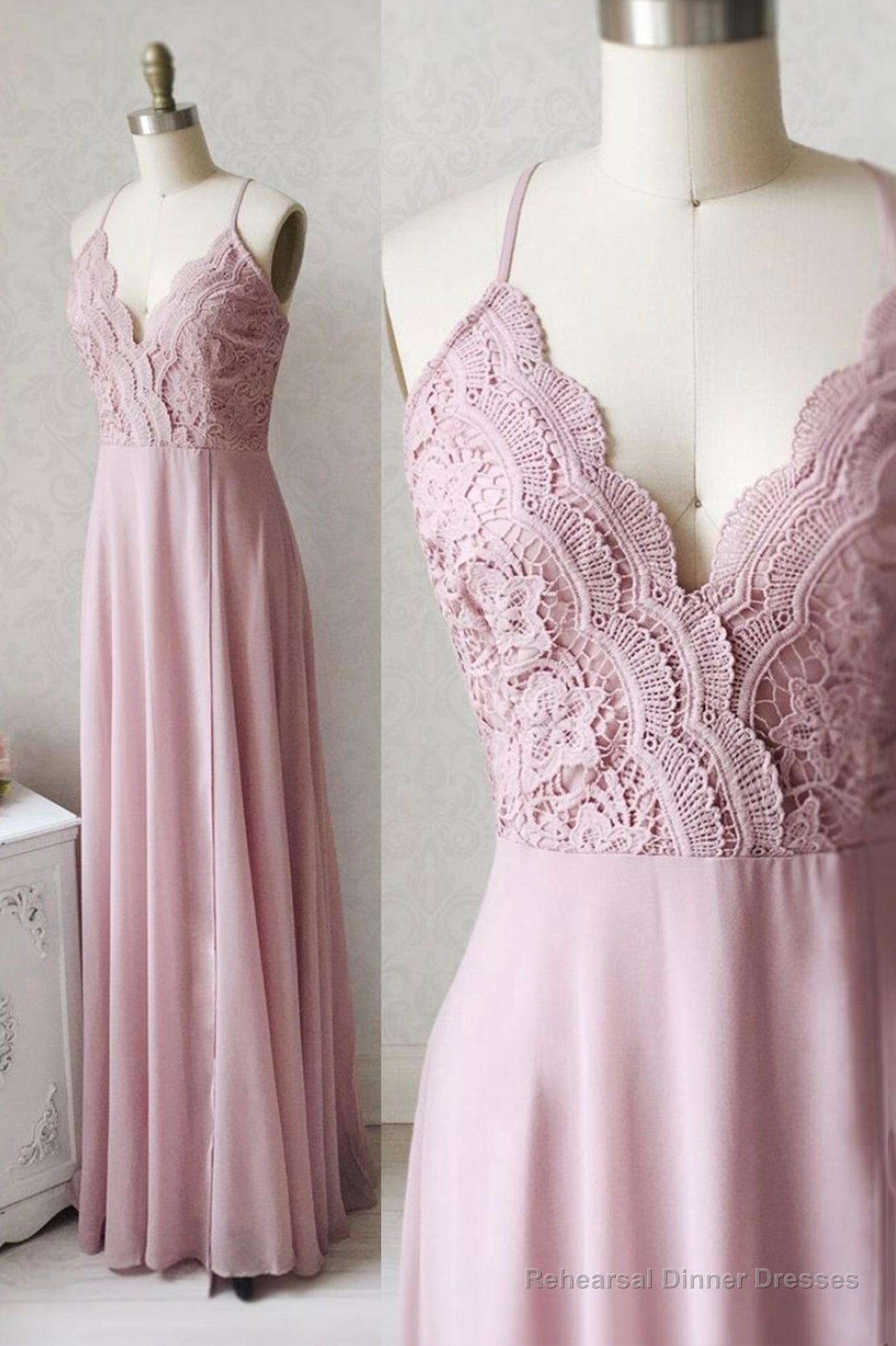 Pink Chiffon Lace Long Prom Dresses, V-Neck Spaghetti Strap Party Dresses Main image