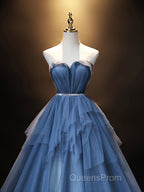 Blue Sweetheart Neck Tulle Long Evening Prom Dress, Blue Evening Dress