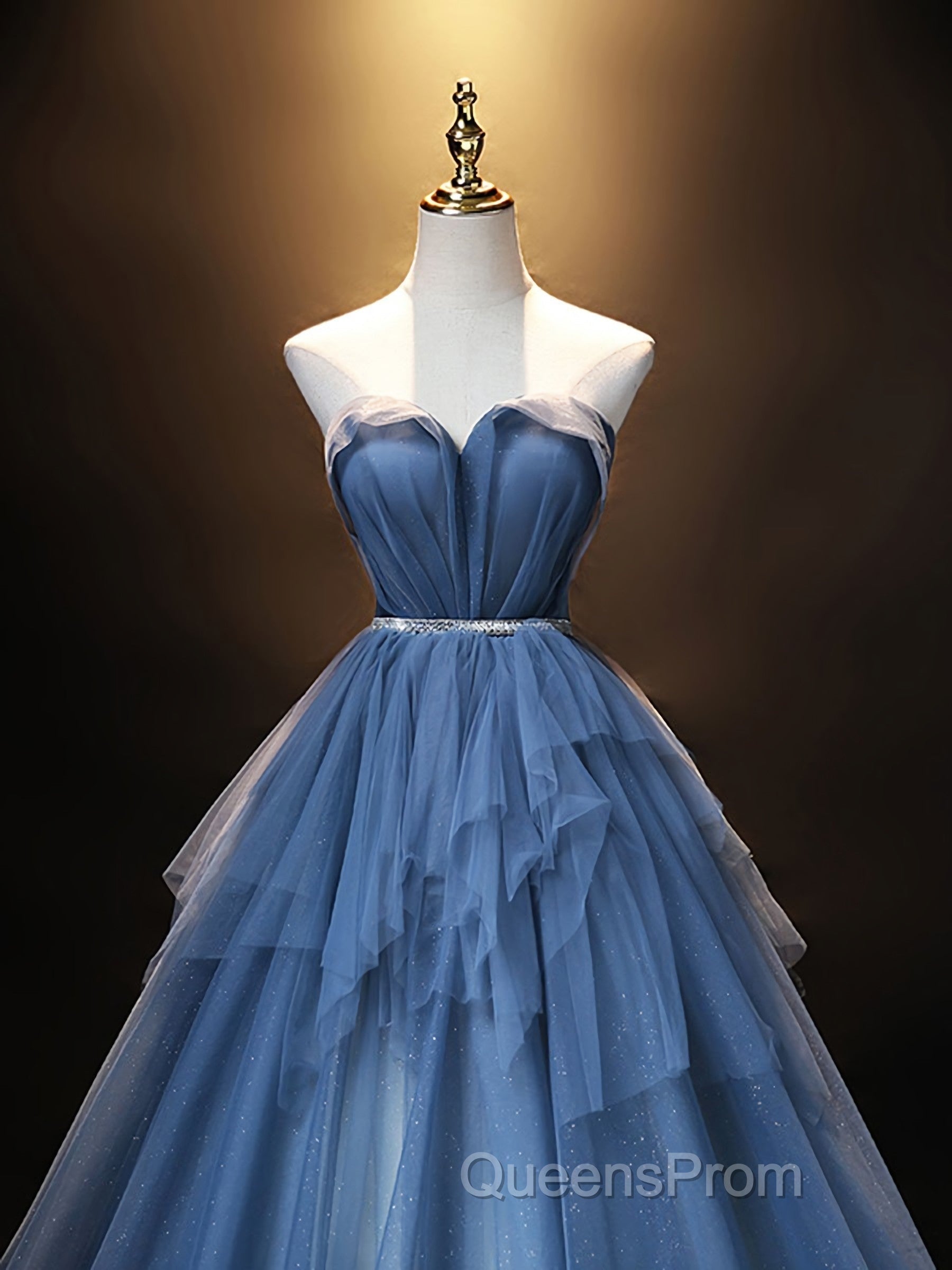 Blue Sweetheart Neck Tulle Long Evening Prom Dress, Blue Evening Dress