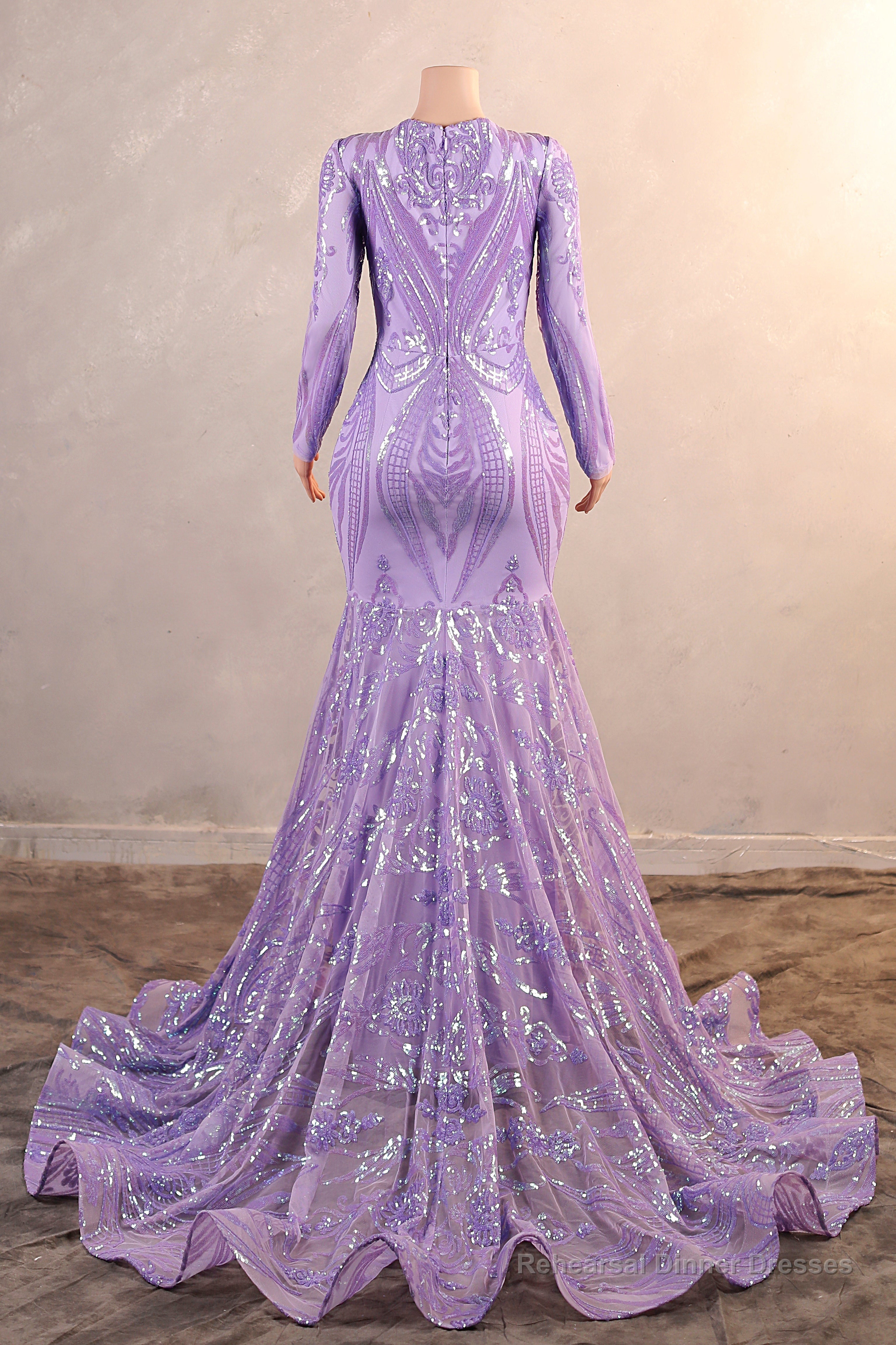 V-Neck Mermaid Sweep Train Sequins Zipper Long Sleeve Evening Dress Secondary image