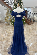 Dark Blue Off-Shoulder Floral A-line Long Mother of Brides Dress