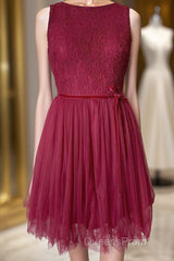 A-line Scoop Neck Tulle Lace Mini Bridesmaid Dress with Sash
