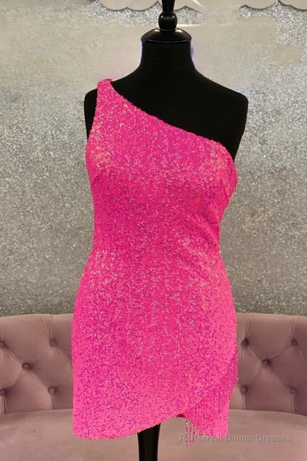 Hot Pink One Shoulder Sequins Straps Sheath Homecoming Dress with Tassels Main image