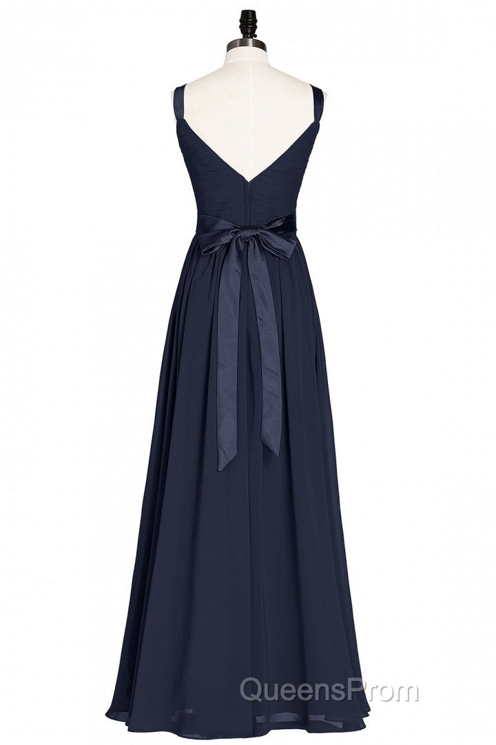 Navy Blue V-Neck Tie-Back A-Line Long Bridesmaid Dress