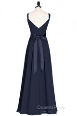 Navy Blue V-Neck Tie-Back A-Line Long Bridesmaid Dress