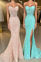 Mint Green Lace Strapless Mermaid Long Evening Prom Dress with Slit