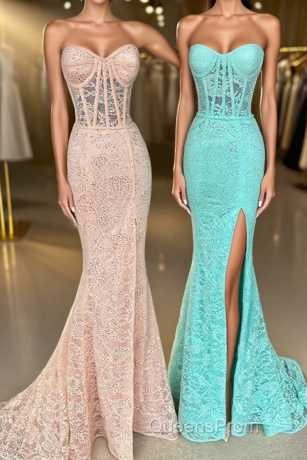 Mint Green Lace Strapless Mermaid Long Evening Prom Dress with Slit