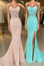 Mint Green Lace Strapless Mermaid Long Evening Prom Dress with Slit