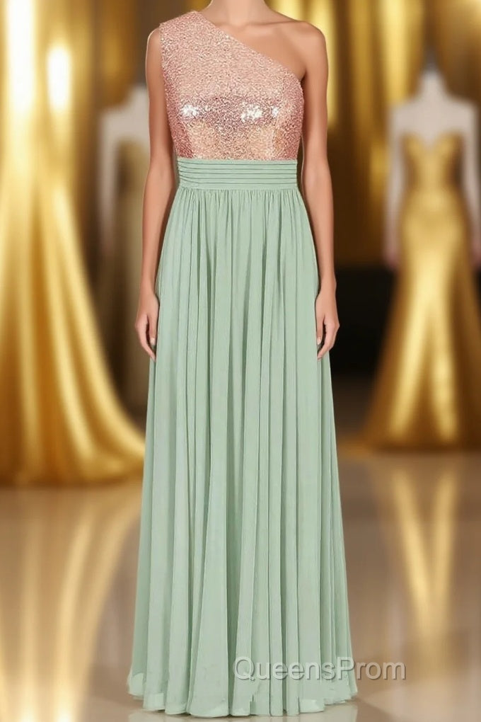 Rose Gold Sequins One-Shoulder Long Bridesmaid Dress Main image