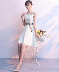 Simple White Satin Applique Short Prom Dress Cute Homecoming Dress