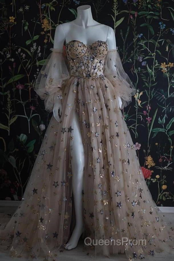 Chic Long Sweetheart Front Split Star Evening Prom Dress With Sleeves