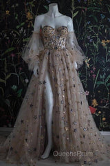 Chic Long Sweetheart Front Split Star Evening Prom Dress With Sleeves