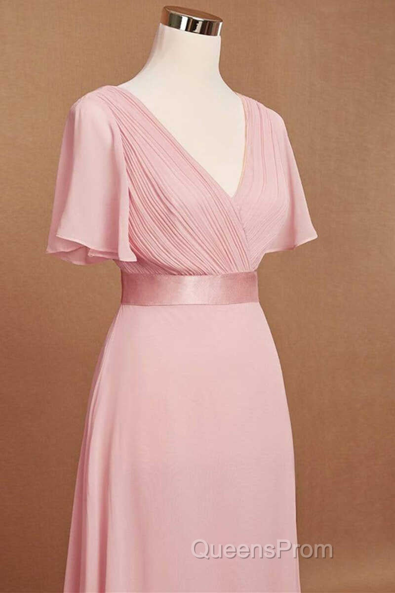 Pink V-Neck Ruffled A-Line Long Bridesmaid Dress Secondary image