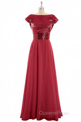 Burgundy Sequin Cap Sleeve Backless A-Line Bridesmaid Dress