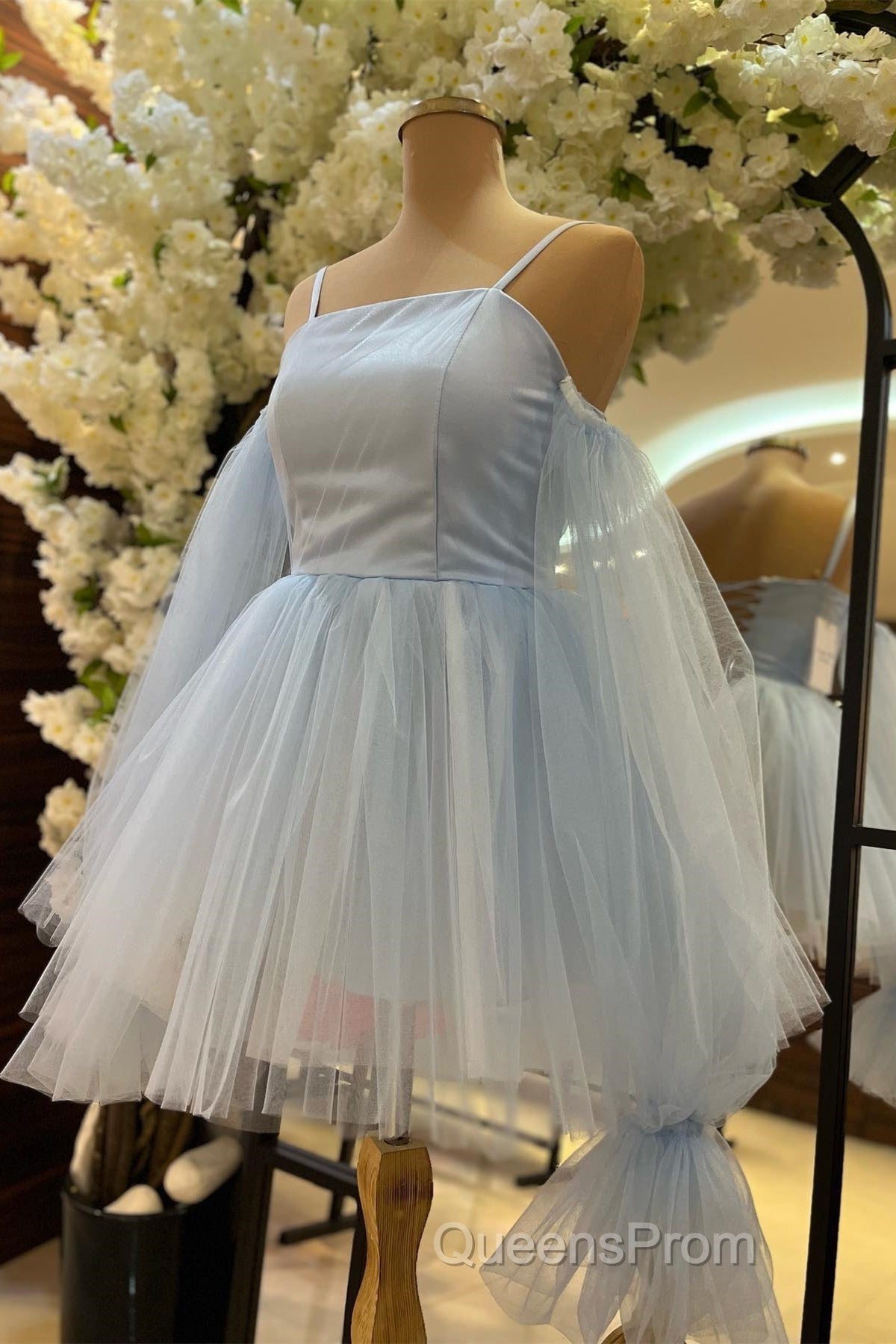 White Cold Shoulder Straps Puff Long Sleeves Homecoming Dress Secondary image