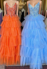 Multi-Tiered Lace Beaded V-Neck Long Evening Prom Dress