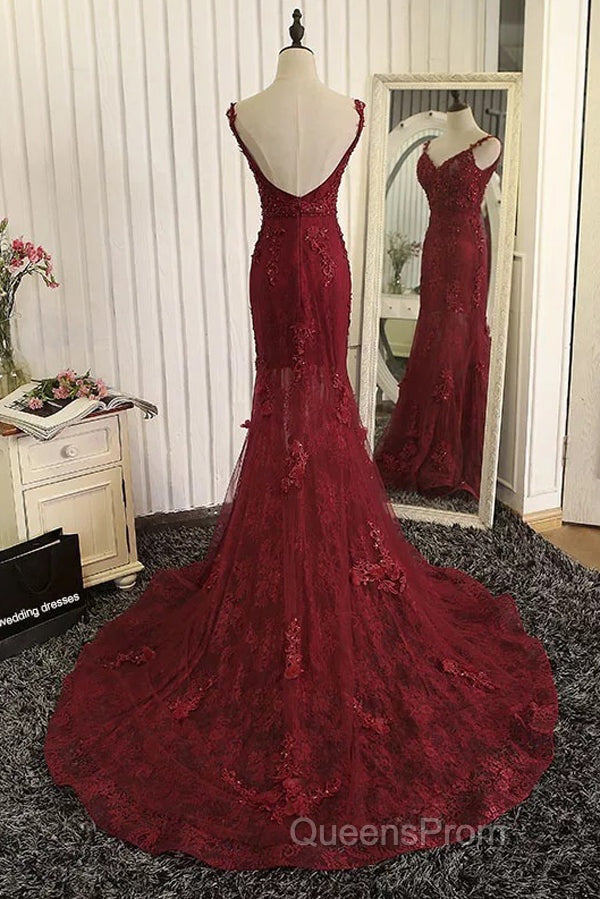 Burgundy Trumpet Sweep Train V Neck Mid Back Appliques Beading Long Evening Prom Dress Secondary image