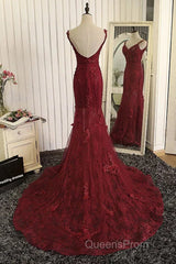 Burgundy Trumpet Sweep Train V Neck Mid Back Appliques Beading Long Evening Prom Dress