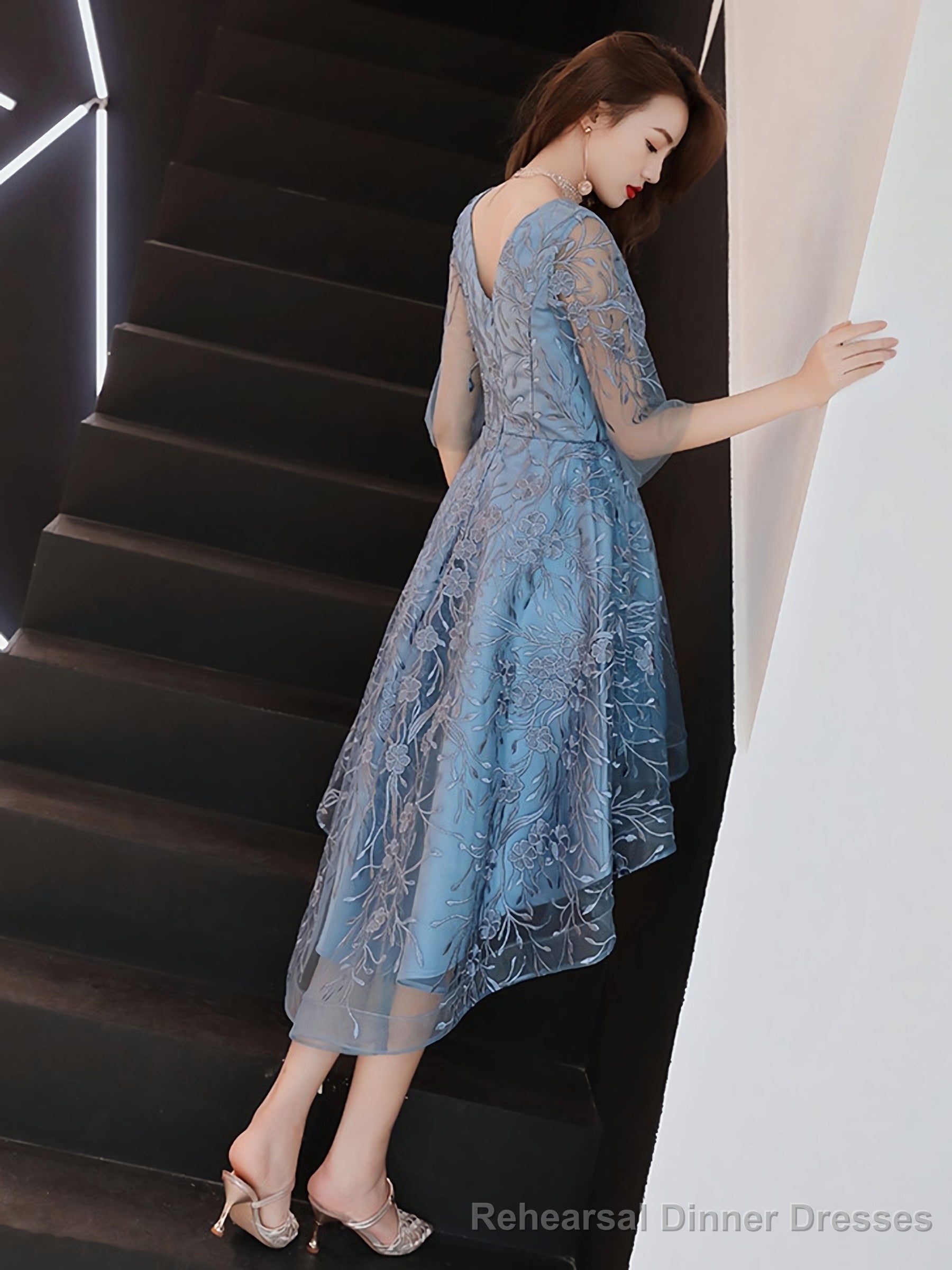 Blue V Neck Tulle Lace High Neck Prom Dress Blue Lace Homecoming Dress