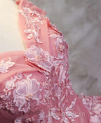 Pink Tulle Lace Off Shoulder Long Evening Prom Dress, Pink Tulle Evening Dress, 1