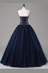 Navy Blue Ball Gown Floor Length Sweetheart Sleeveless Mid Back Evening Prom Dress