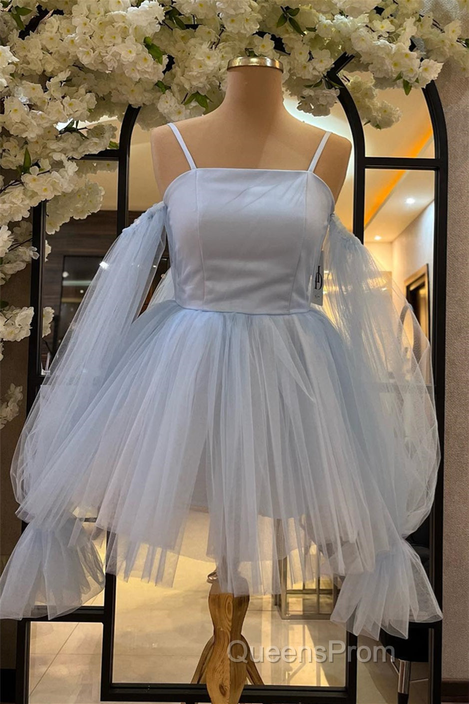 White Cold Shoulder Straps Puff Long Sleeves Homecoming Dress