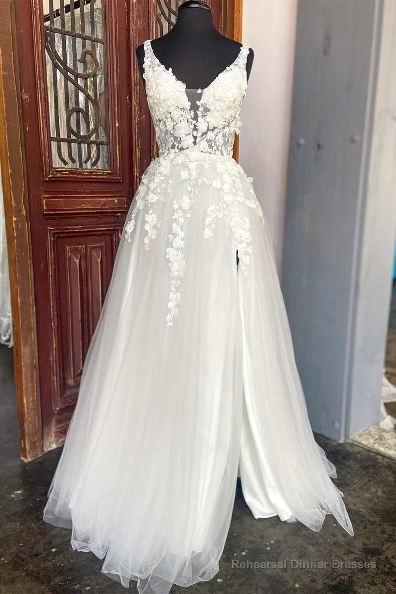 White Floral Lace Backless A-Line Wedding Dress with Slit Main image