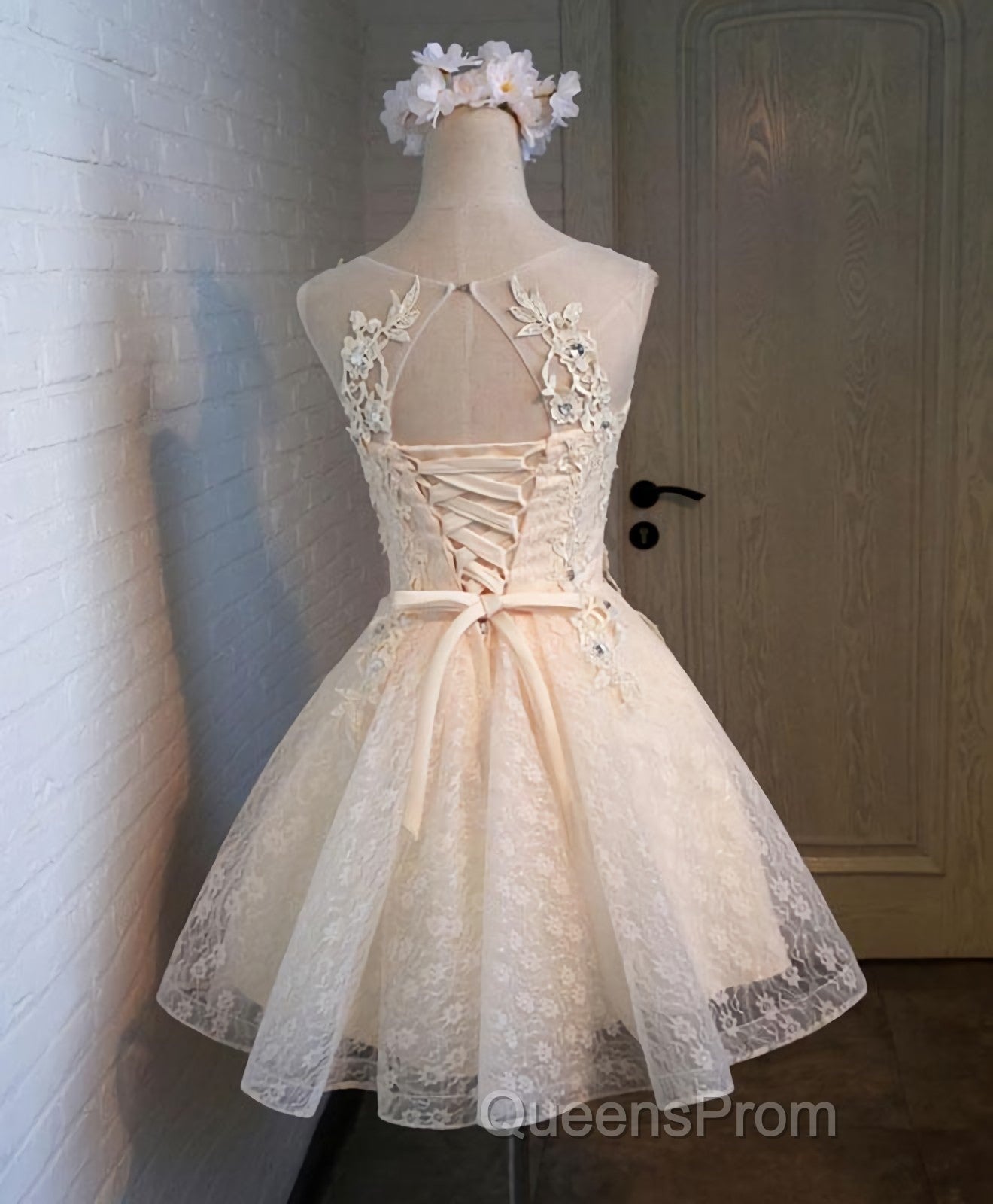 Champagne Lace Round Neck Short Evening Prom Dress, Bridesmaid Dress