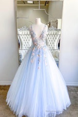 Blue V-Neck Tulle Lace Long Prom Dresses, Elegant Blue Formal Dresses