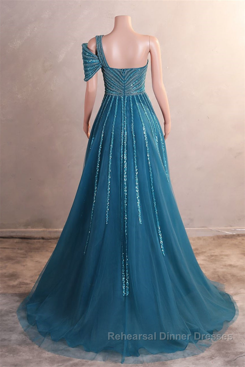 One-Shoulder Beading Sweep Train Backless Evening Dresses Secondary image
