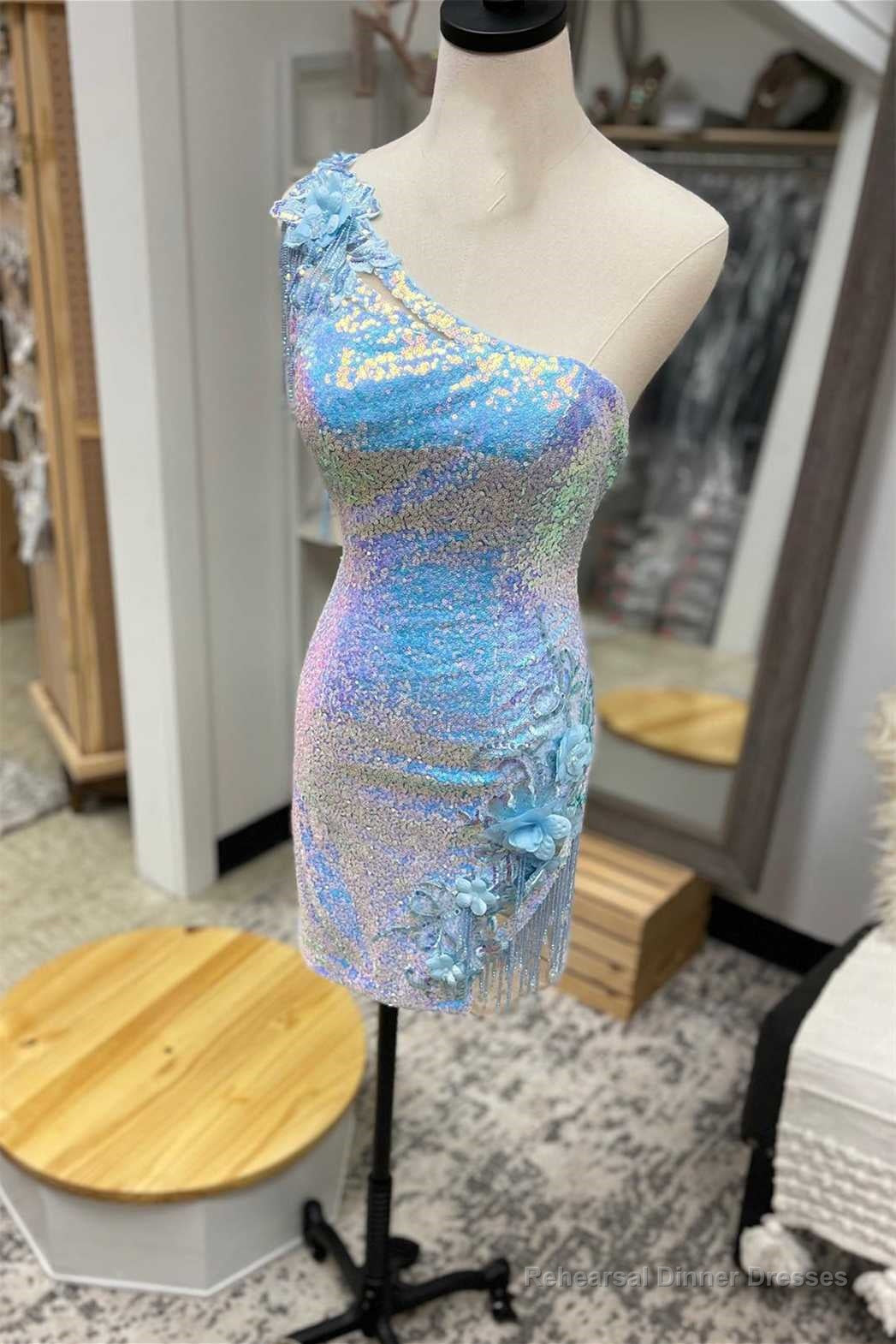 Light Blue Sequin One-Shoulder Flowers Short Party Dress Main image