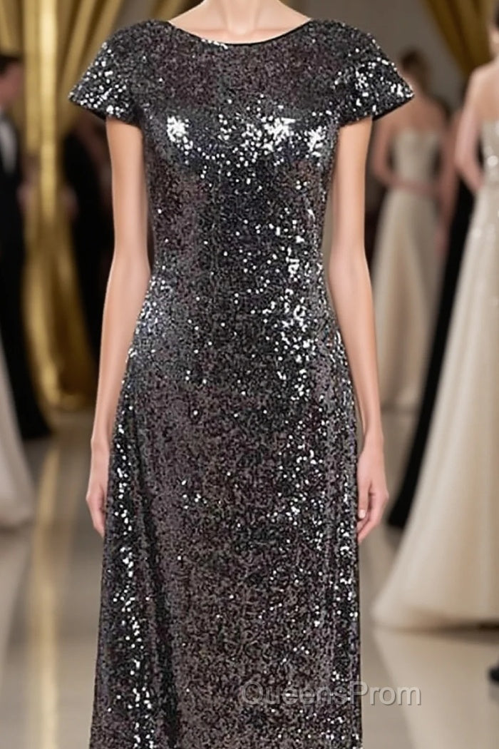 Black Sequin Cap Sleeve Backless Long Bridesmaid Dress Main image