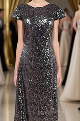 Black Sequin Cap Sleeve Backless Long Bridesmaid Dress