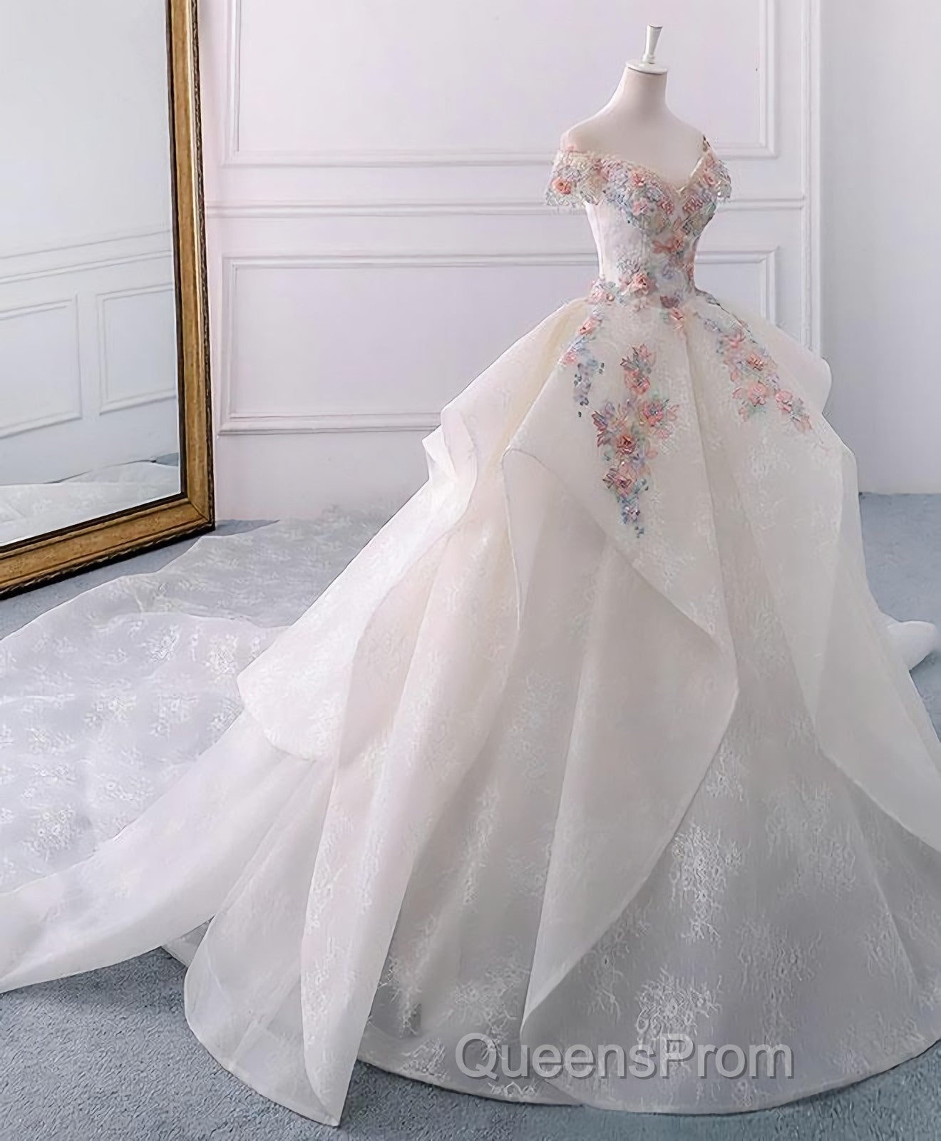 White Sweetheart Off Shoulder Lace Long Evening Prom Dress, White Evening Dress Secondary image