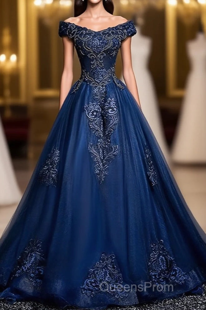 Blue Tulle Lace Off Shoulder Long Evening Prom Dress, Blue Tulle Lace Evening Dress Main image