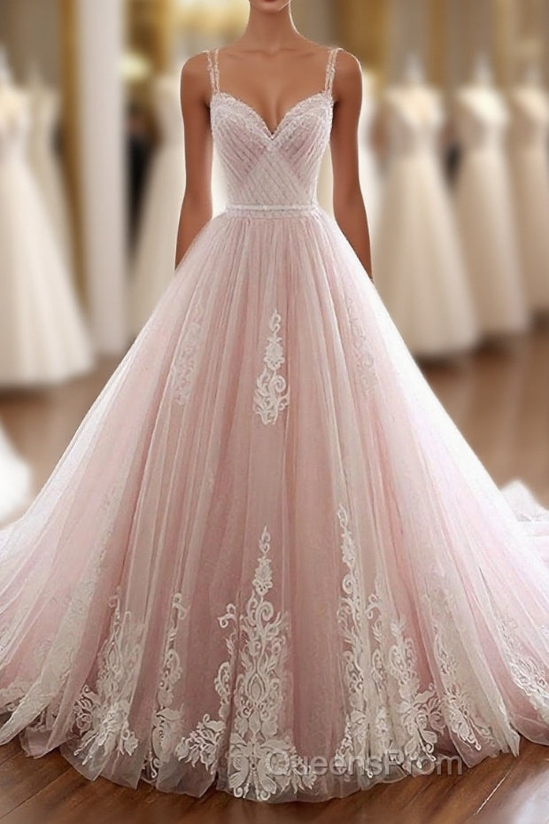 Pink Sweetheart Lace Tulle Long Evening Prom Dress, Lace Pink Evening Dress Main image